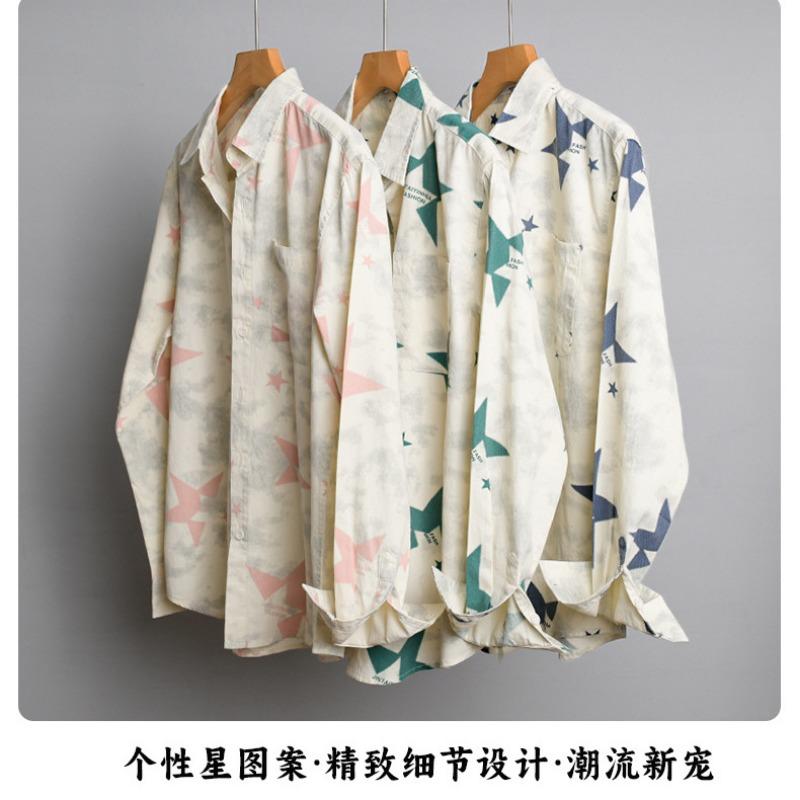 Mens Star Print Long Sleeve Shirt Casual Button Down Shirt with Pocket for Daily Wear