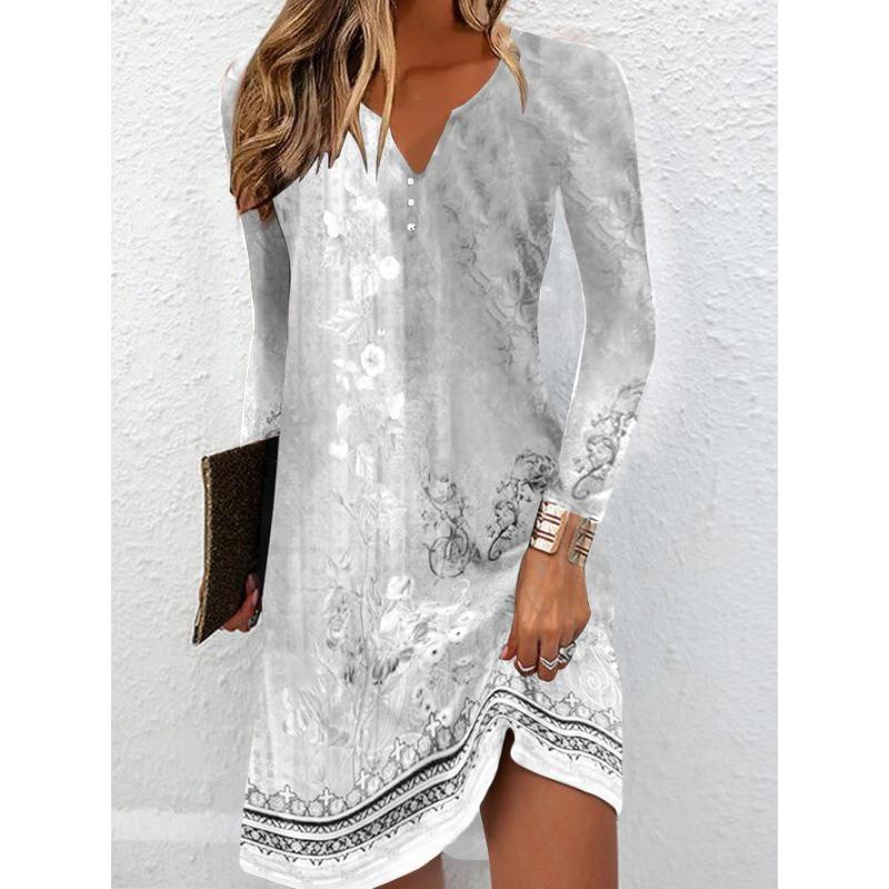 QICED Fashion Autumn Winter Long Sleeve V-Neck Casual Dresses