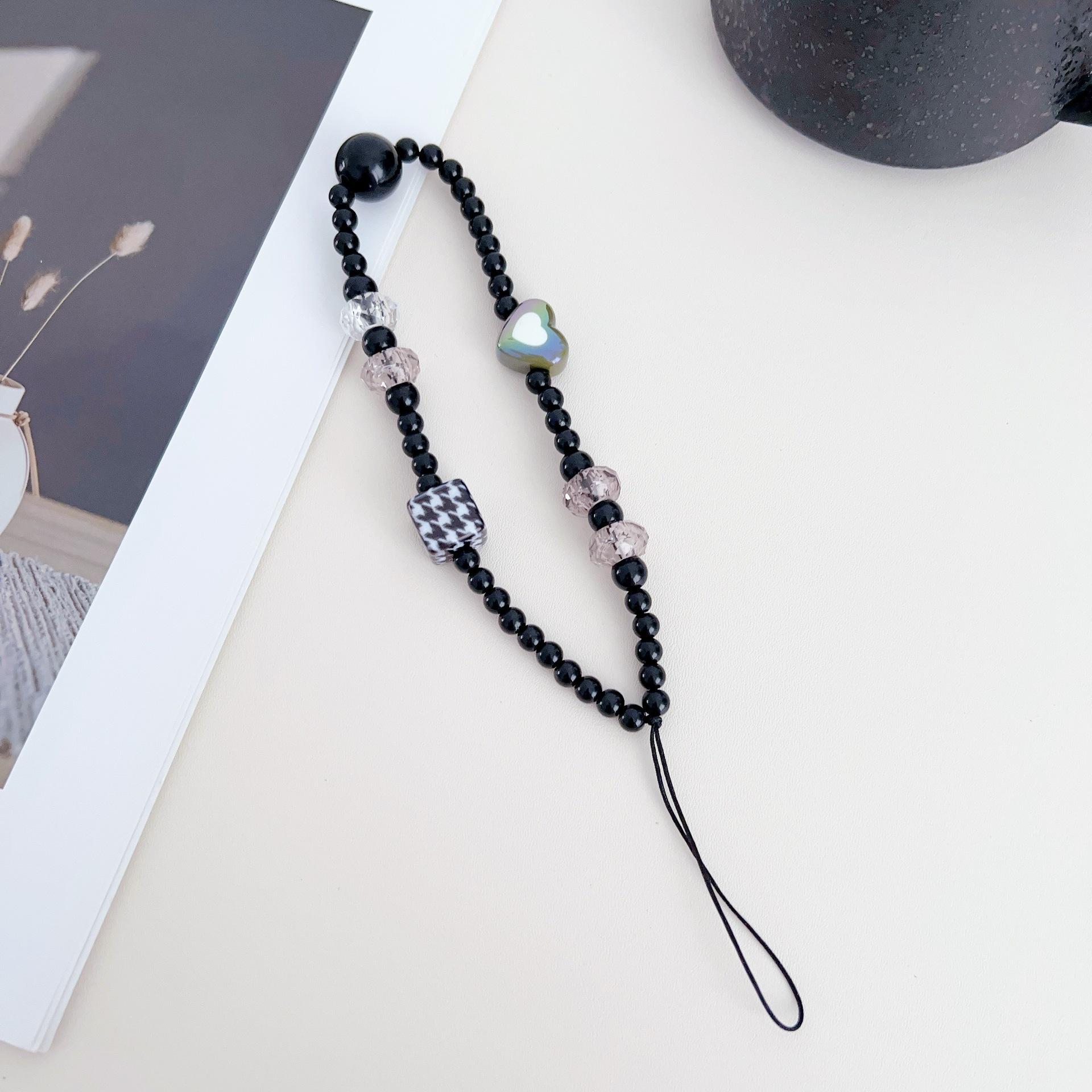 Mobile phone new black and white mobile phone chain beaded mobile phone lanyard love square bow mobile phone case lanyard