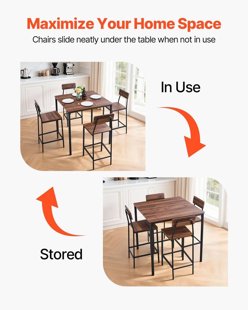 Bar Table, 5PCS 889mm Bars Tables Set, Bar Tables and Chair Set with Rounded Edge Design, Square Pub Table with Four Stools for Living Room, Dining