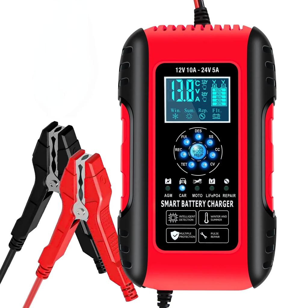10 A 12/24 V Blei-Säure-Batterieladegeräte für Autos, Motorräder und Elektrofahrzeuge, 7-stufiges Batterieladegerät, Blitzlichtanzeige, praktisches Batterieladegerät