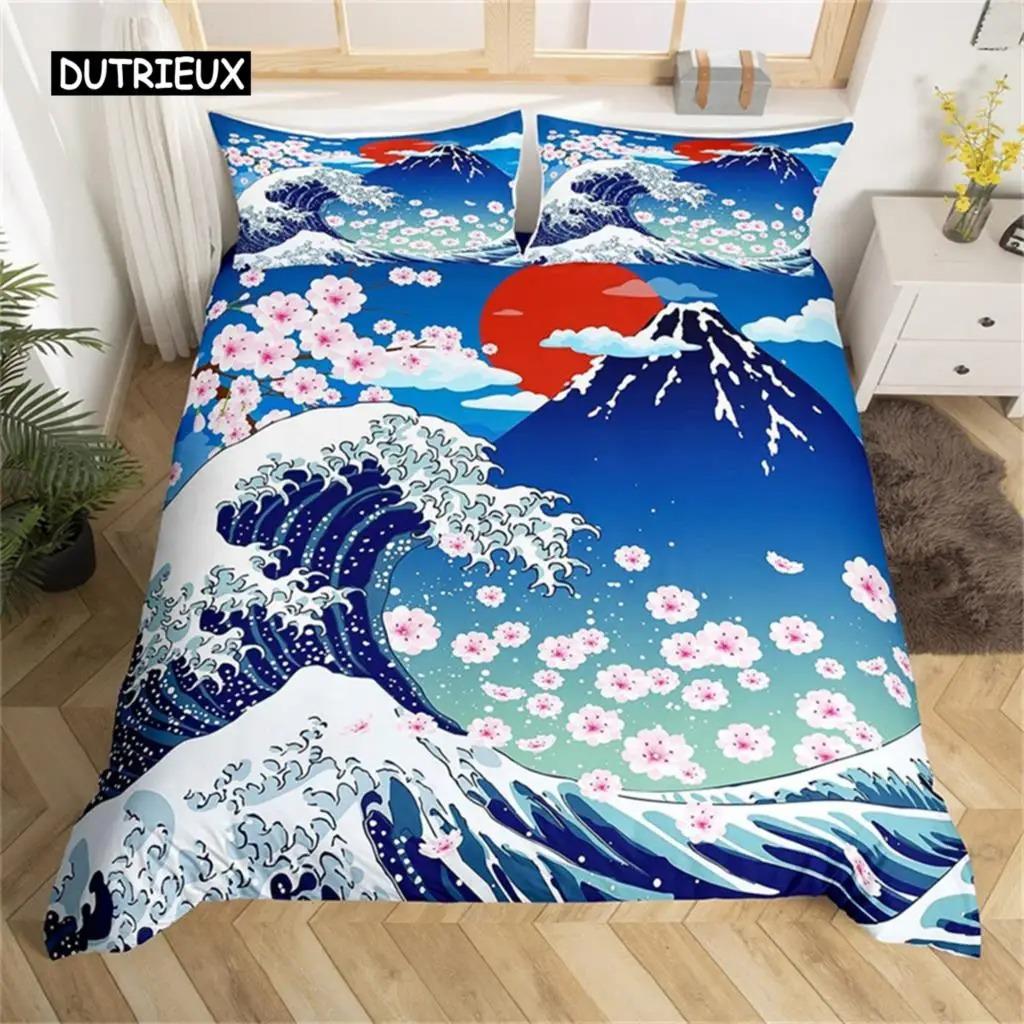 Set Biancheria da Letto Fiore di Ciliegio Giapponese Pittura Paesaggistica Set Copripiumino Stile Copripiumino Poliestere Coperta Trapuntata Artistica Camera da Letto