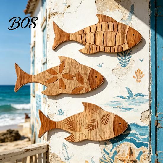 Rustic Ocean Decor 3Pcs/Set Bathroom Fish Wall Decoration, Wooden Art Decoration Sculpture, Nautical Hanging Ornament for Beach Lake House Sea Theme
