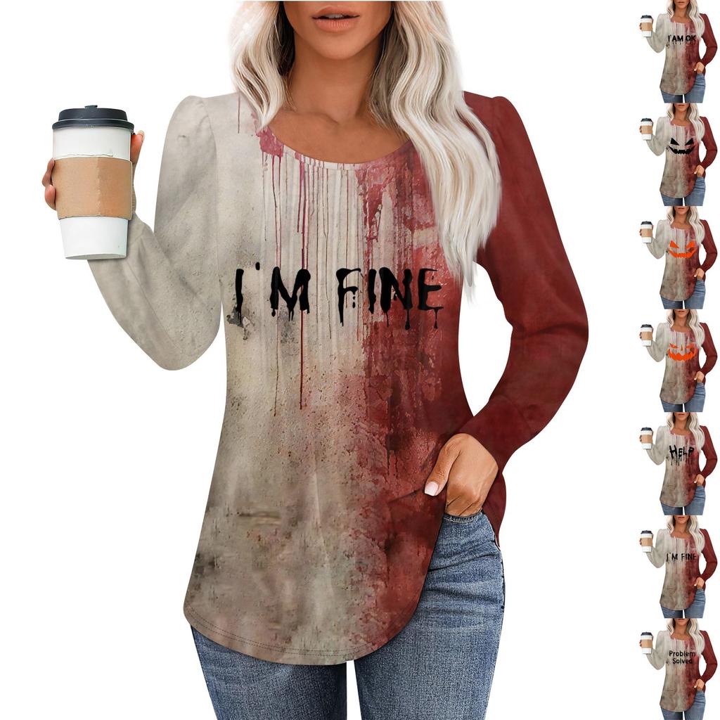 Women's Casual Top Halloween Printed Round Neck Long Sleeved Pleated T-shirt