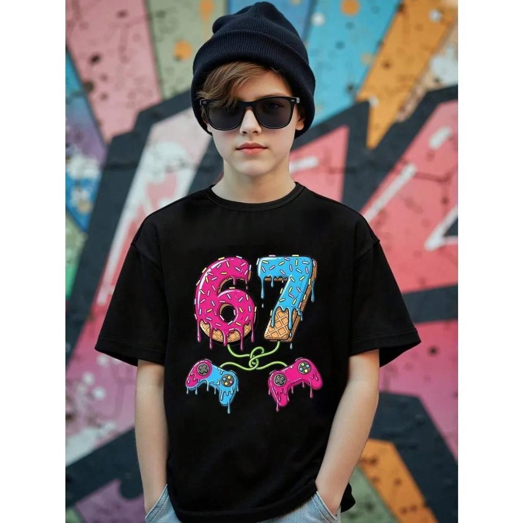 67 Number Children Funny Six Seven Graphic Print T-Shirt Round Neck Cute Casual Style Short Sleeve Comfortable T-Shirt Clothing