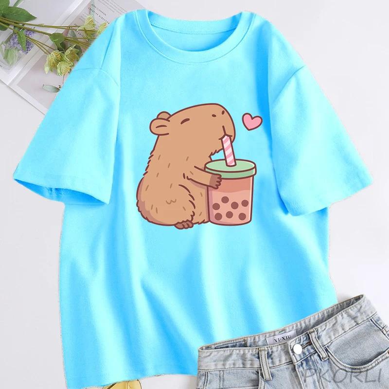 Cute Capybara Loves Bubble Tea T Shirt for Women Cotton Short Sleeve Cartoon Graphic T Shirts Summer Short Sleeve Tee Clothes