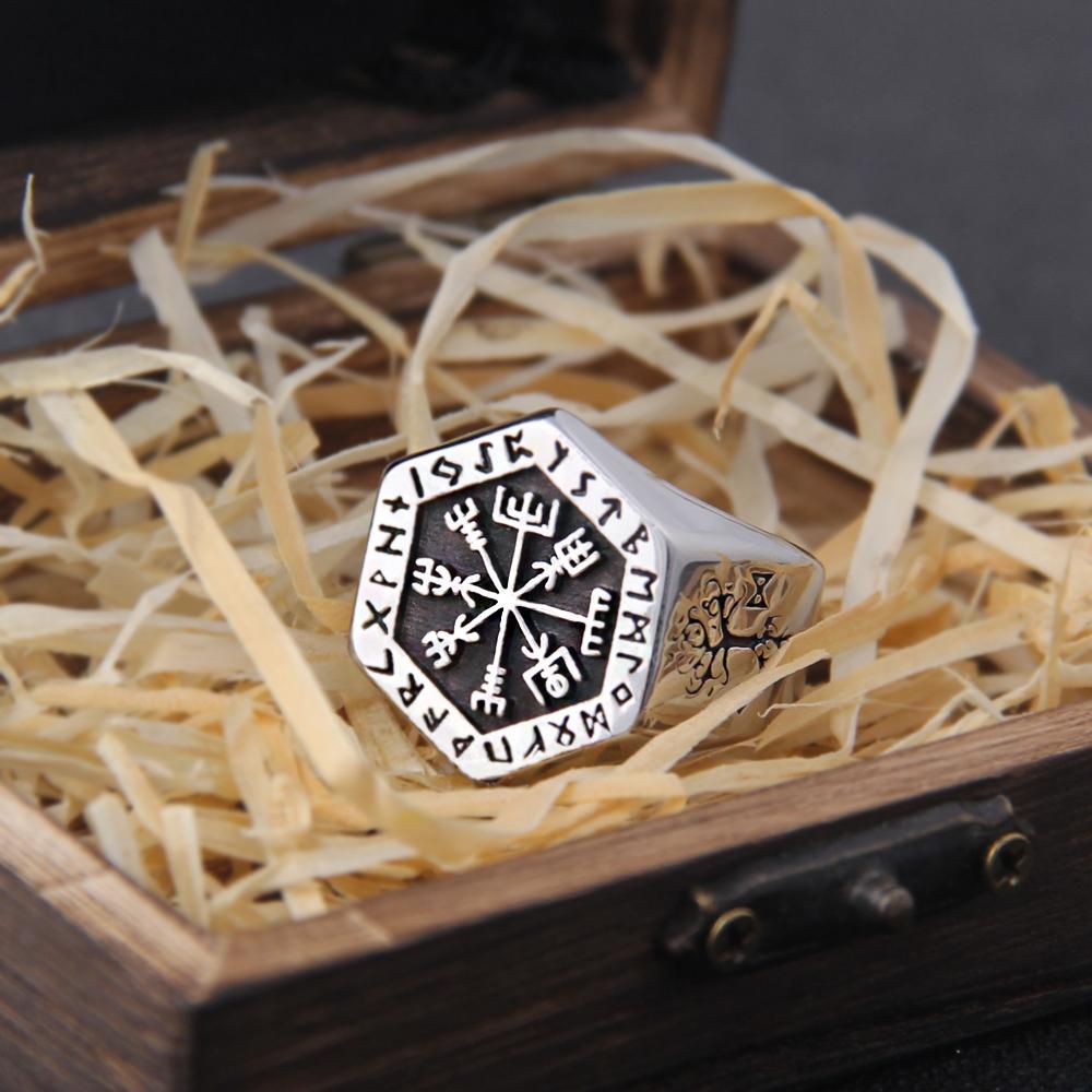 Stainless Steel Viking Compass Runic Ring for Men Vintage Nordic Odin Jewelry Never Fade Viking Totem Statement Ring