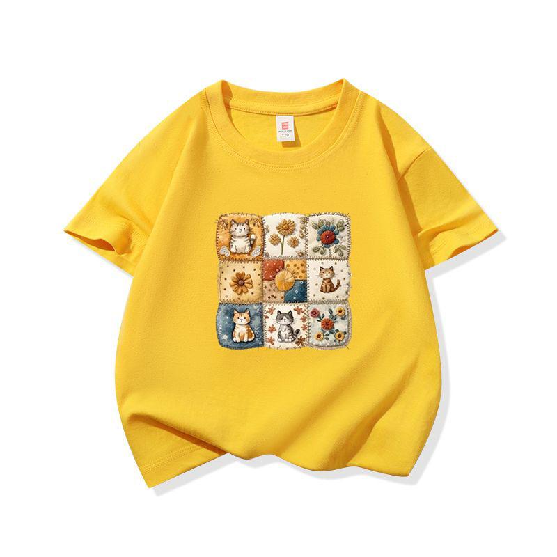 Kids Cotton T Shirt Patchwork Cat  Flower Print Crew Neck Short Sleeve Tee Casual Breathable Boys Girls Summer Tops 100