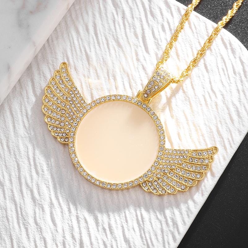 Angel Wings Mirror Photo Memorial Pendant Inlaid with Ice Crystal Zirconia Necklace Couple Trendy Jewelry Birthday Gift