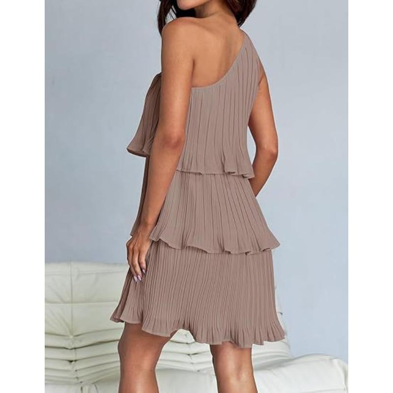 VEZFAA Women's Fashion Summer Spring Solid Color Print Sleeveless Oblique Collar High Waist Casual Dresses