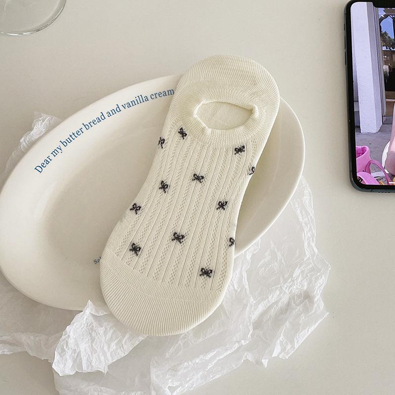 

Женские летние тонкие носки с бантиком, дышащие, невидимые, с нескользящей пяткой 1 pair молочный белый