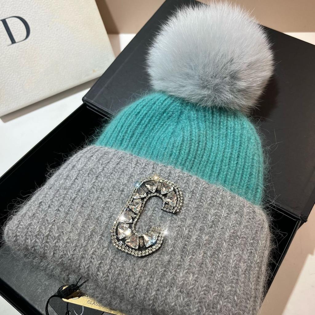 C Russian Winter Outdoor Thickened Double-Layer Warm Rabbit Fur Knitted Hat Northern Cold Fox Hairball Ear Protection Hat