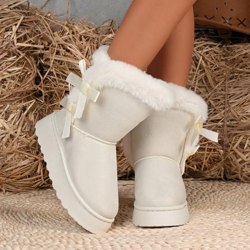 Women's Plus Size Side Bow Thick Platform Ankle Snow Boots Euro-American Fashion Versatile Casual New Autumn Winter