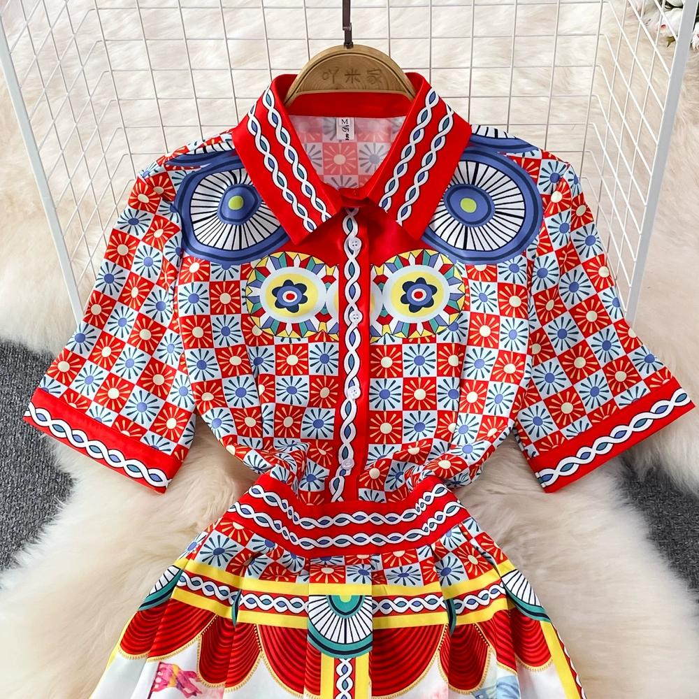 Summer Women Vintage Print Designer Runway Dresses Fashion Long Midi Party Shirt Dress