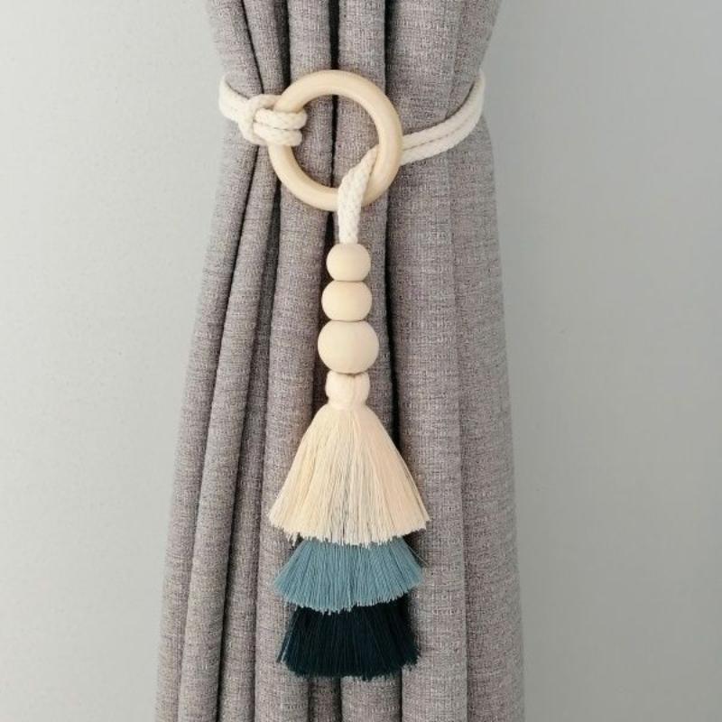 New 1/2Pcs Tassel Curtain Tie Backs Wooden Bead Curtain Tiebacks,Bohemian Curtain Clasp, Curtain Tiebacks Home Decorative