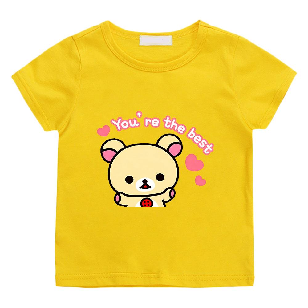 

100% Cotton Rilakkuma Cartoon Print T-shirt Kawaii Tops Boys Girls Kids Clothing Manga Comic Short Sleeves Sports Cute Toddler 160 жовтий