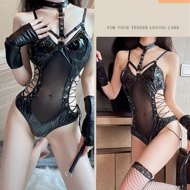 Anime Cosplay Costumes Wet Look Bodysuit Latex PU Leather Uniform See Through Bandage Sexy Lingerie Porn Outfit Erotic Deep V
