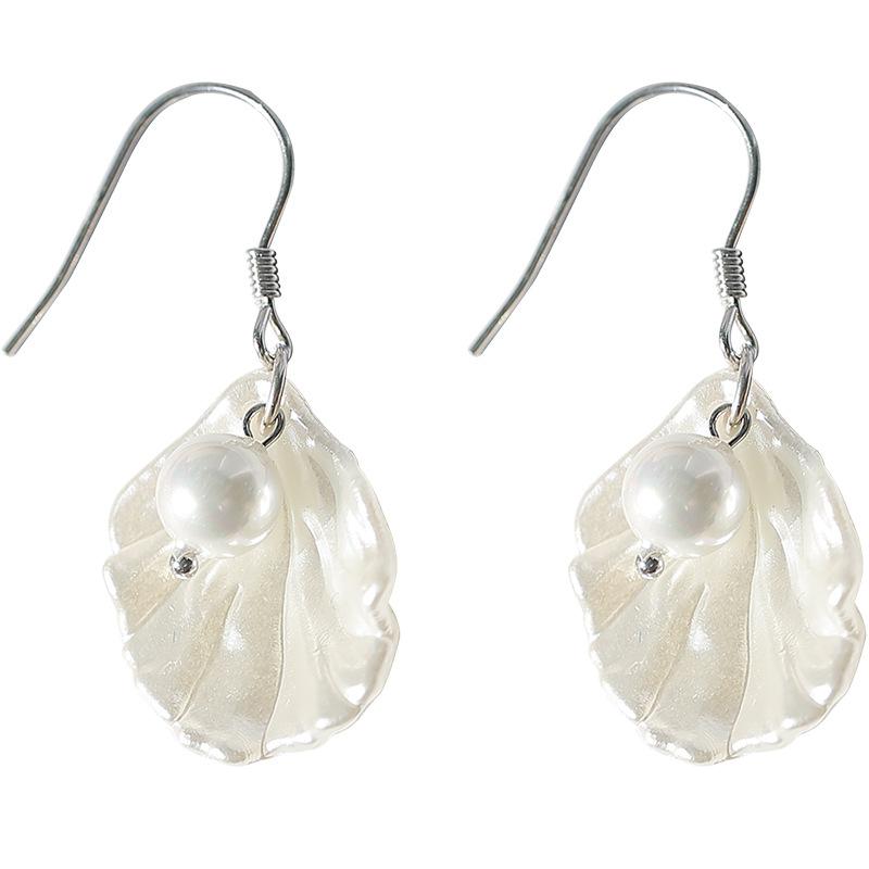 Shell Earrings for Women Korean Style Pearl Drop Earrings Simple Fashion White Petal Wedding Zircon