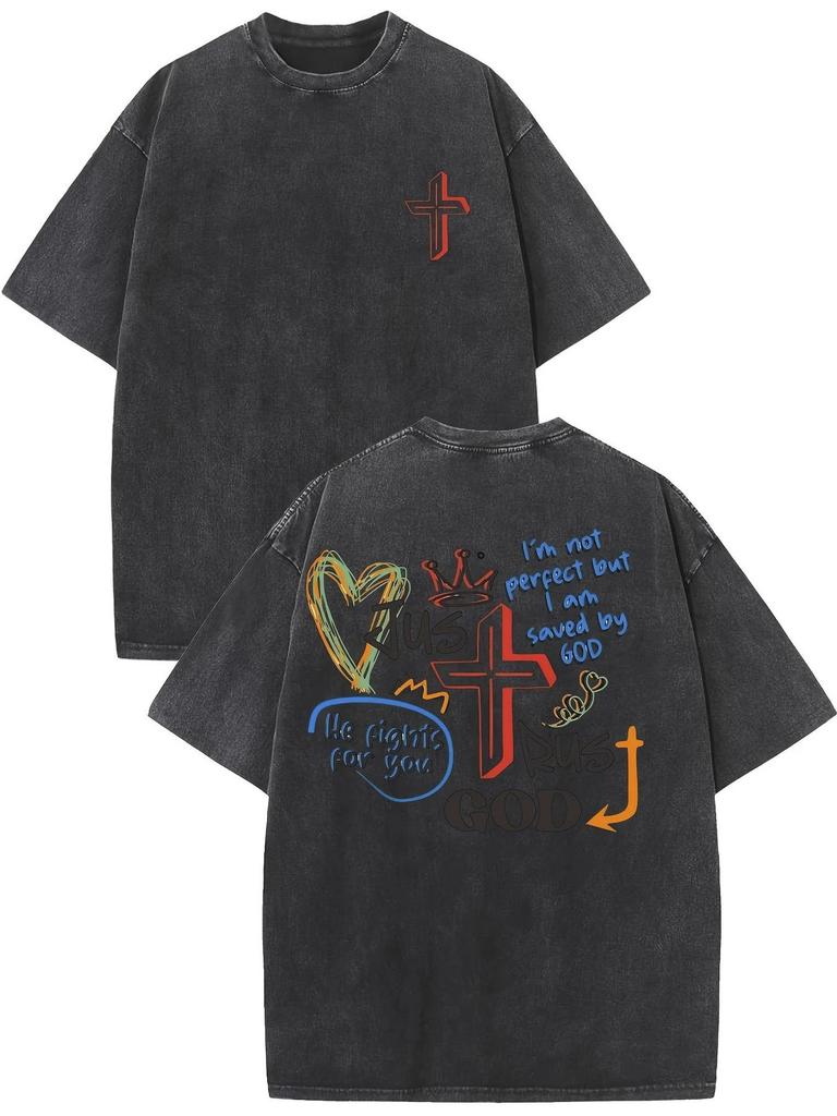 Vintage Washed Double Sided Print T-Shirt, Graffiti Cross Heart And Letter Graphic Crew Neck Casual Cotton Short Sleeve Top
