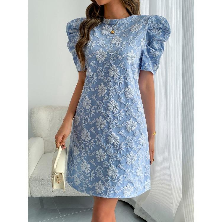 Textured Jacquard Women New Style Summer Vintage Dresses Round Neck Bubble Sleeve