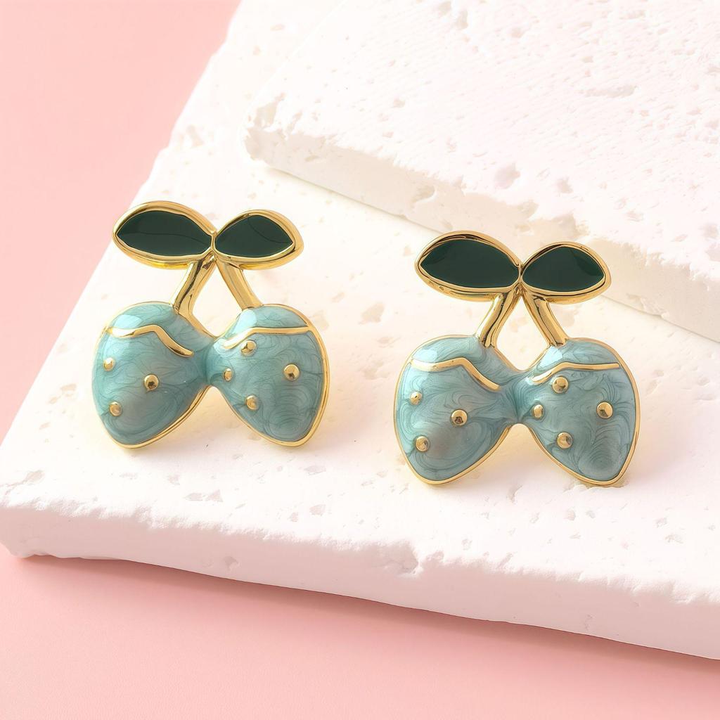 Sweet Fruit Drip Oil Strawberry Cherry Stainless Steel Stud Earrings Fashion Jewelry