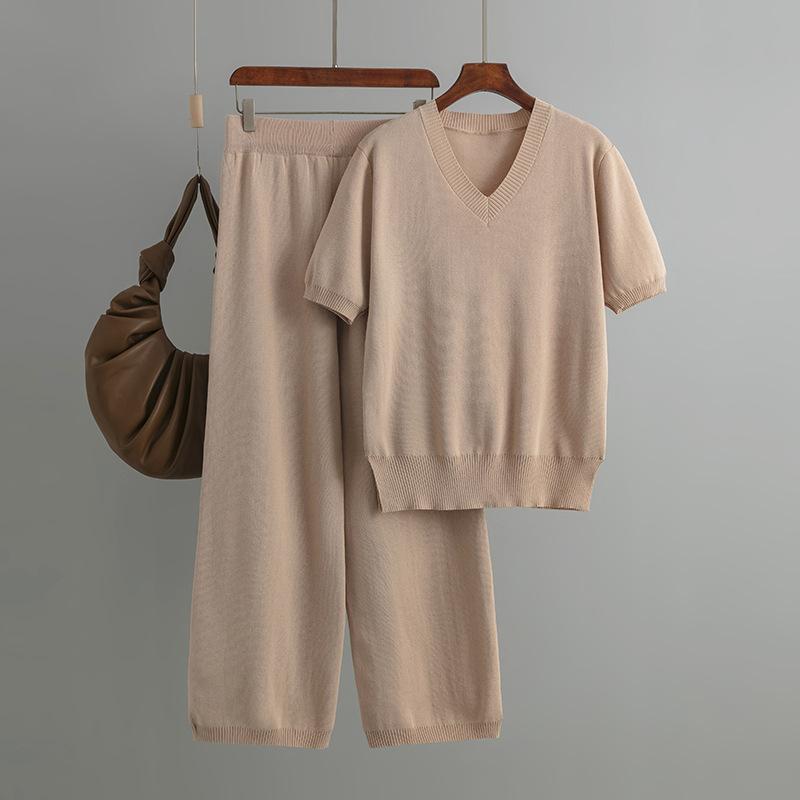 Fashion suit women's collar loose split knitted sweater top two-piece set high waist waist drape straight casual trousers