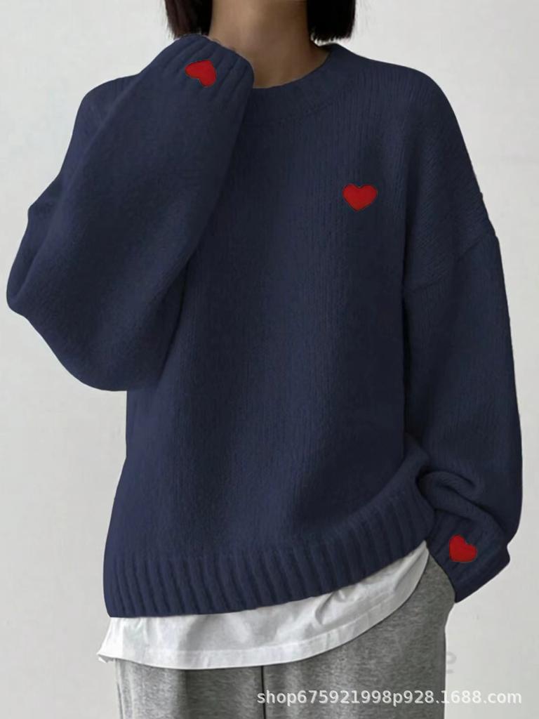 Heart Embroidery Casual Loose Pullover Sweater - European & American Style
