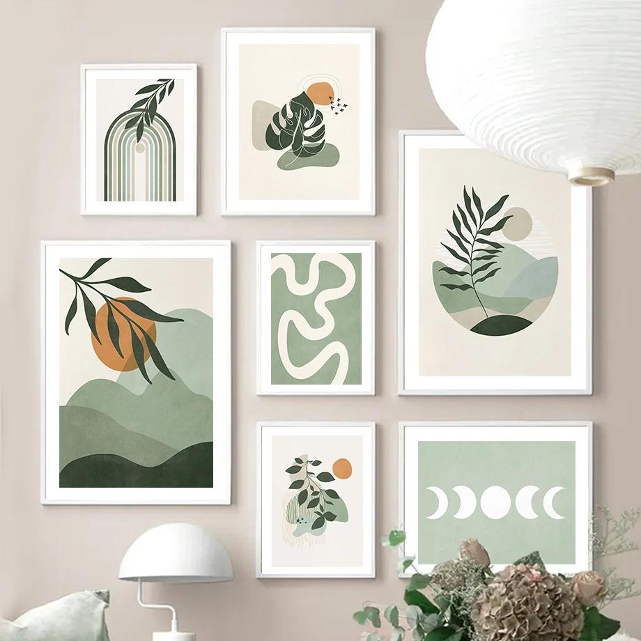 Abstract Green Plant Poster and Print Line Bohemian Moon Wall Art Sage Canvas Painting Nordic Wall Picture Living RoomDecorat