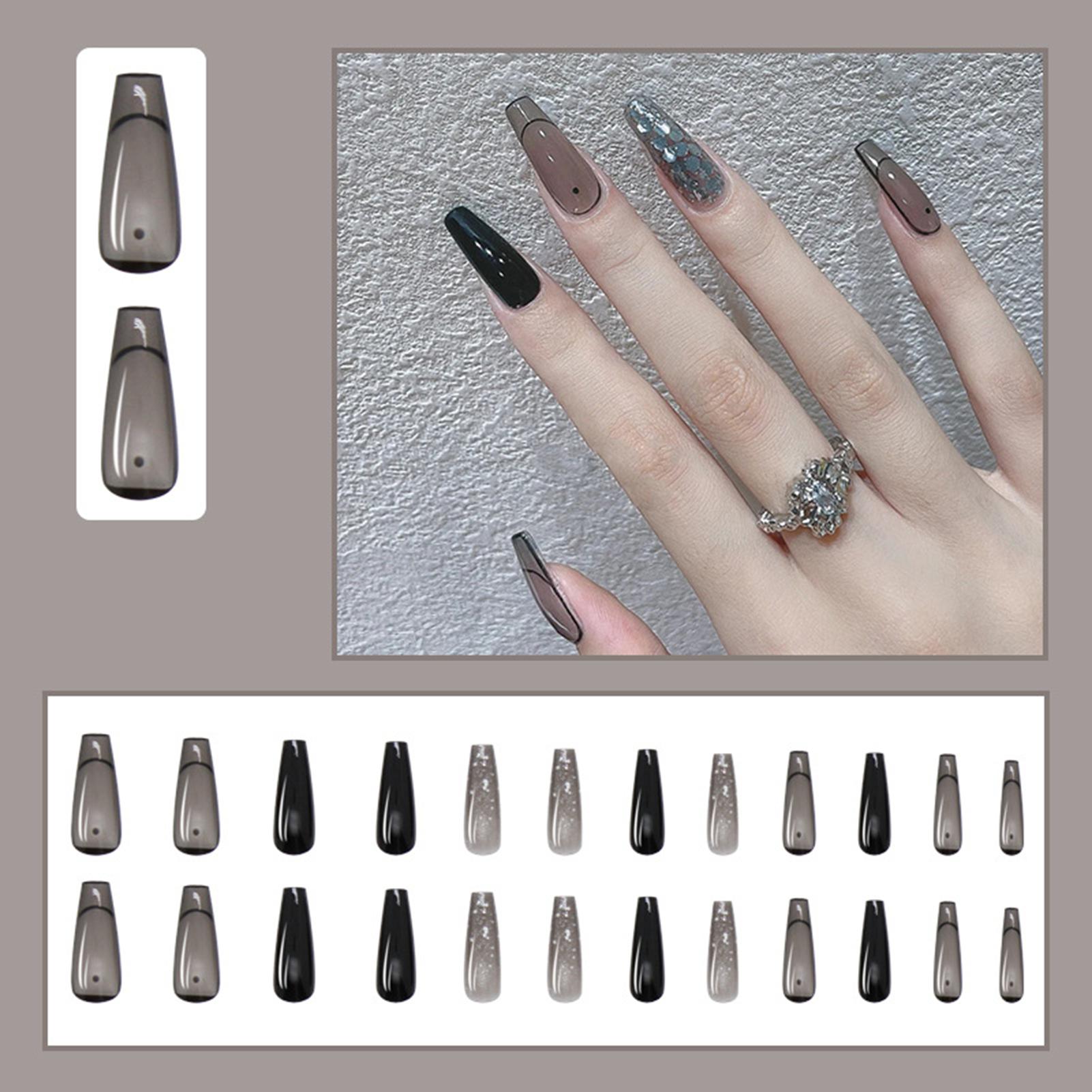 24Pcs False Nails Press On Nails French False Nails Gray Sequins Press On Nails Women Daily Wear Wearable False Nails Nail Tips
