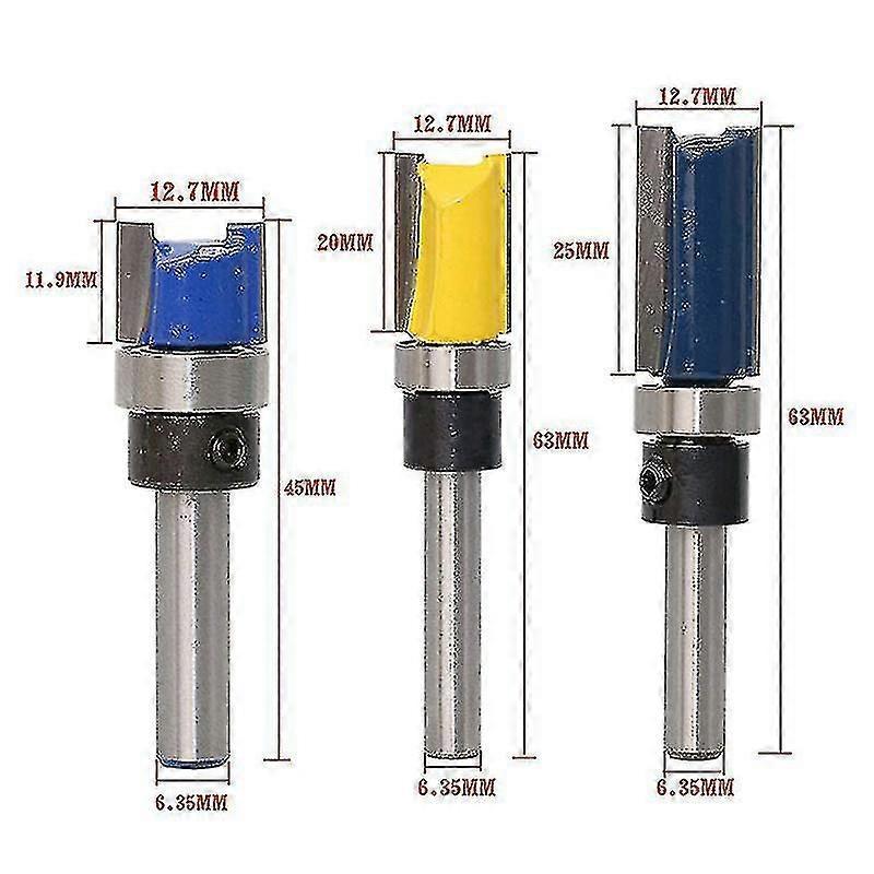 3pcs 1/4 Inch Flush Trim Router Bits Pattern Template Router Bit Set Woodworking Top Bearing