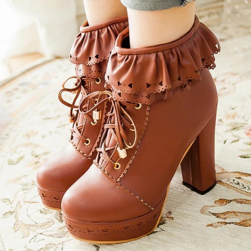 Autumn Winter Women's Ankle Boots Platform White Black Pink Sweet Short Boot Lace Up Footwear Lolitas Shoes Girls Big Size 45