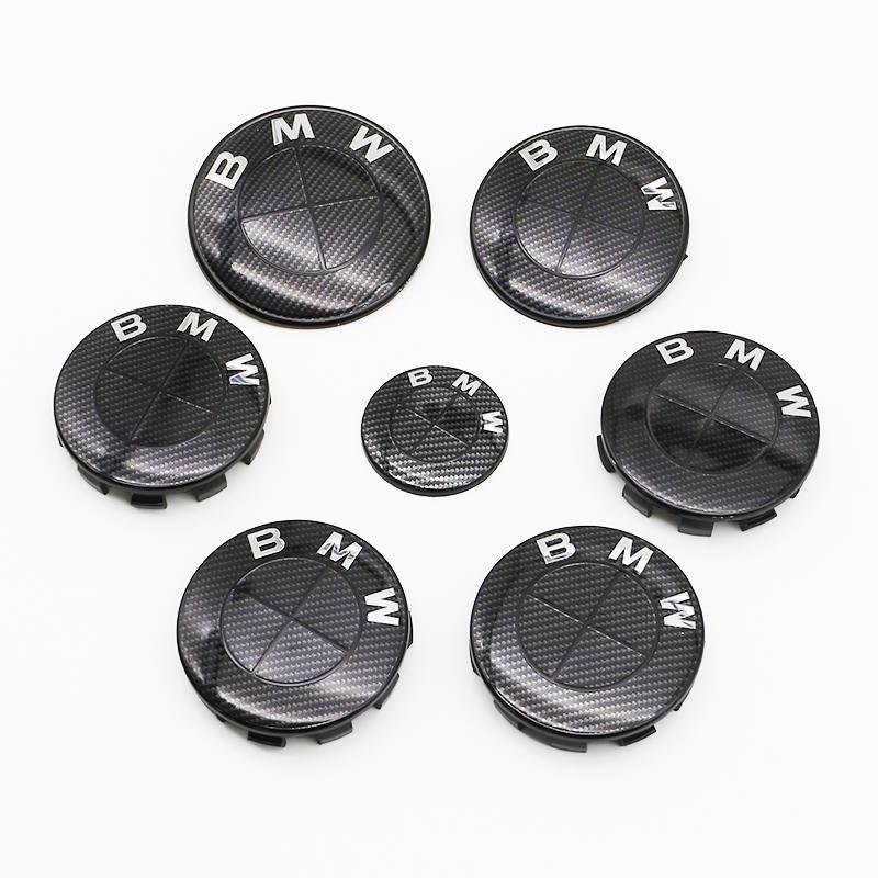 For BMW E46 82mm Hood F10 74mm Trunk Emblem 7Pcs Full Black Carbon Fiber Badge Set E90 68mm Wheel F30 Steering G20 X5 M4 Auto