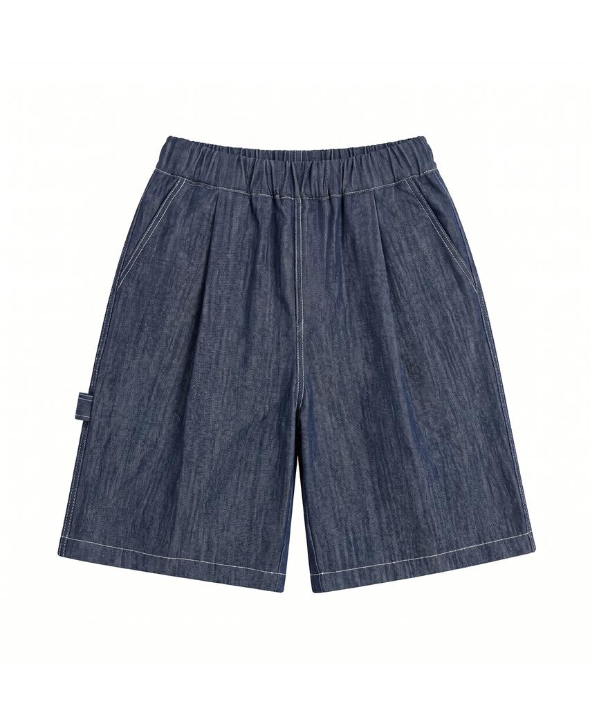 Noming Denim One-Pleat Strap Wide Bermuda Shorts - Blue