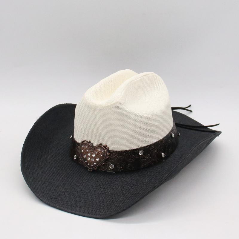 One-Word Straw Hat Cross-Border Manufacturer Wholesale Two-Color Splicing Denim Big Love Straw Hat Women'S Mountain Climbing Sun Protection Hat