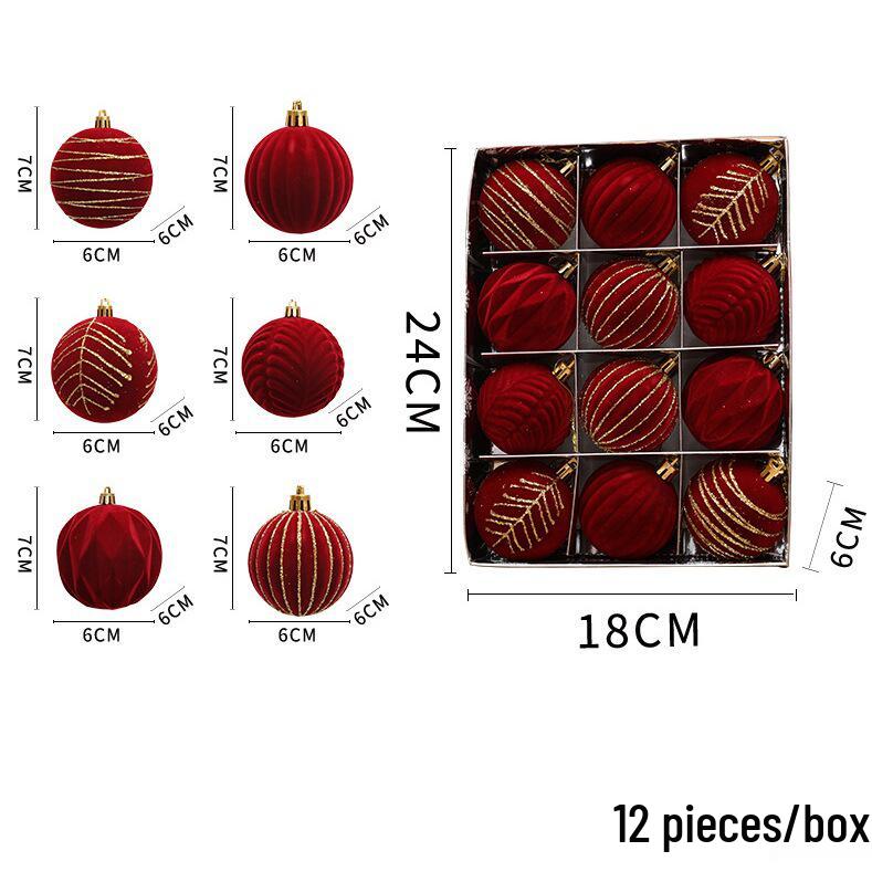 Roter Beflockter Bordeauxroter Samt Weihnachtsbaumkugel-Schmuck, 12er-Pack (6cm)