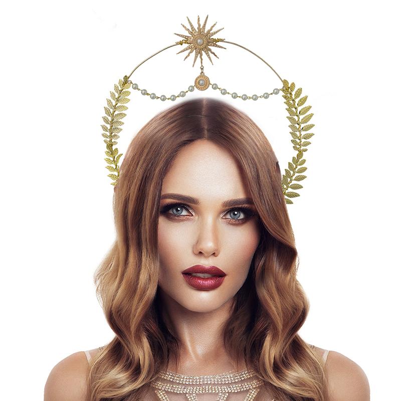 

Повязка на голову в стиле богини солнца, головной убор святого, корона, жемчужные листья, ювелирные изделия для свадебного головного убора, костюм ONESIZE