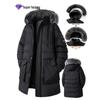 Men's Plus Size Mid-Length Winter Jacket with Detachable Hood and Fur Collar