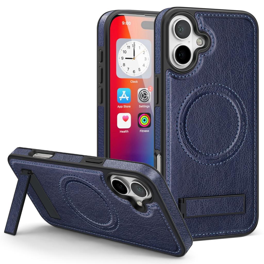 For iPhone 16 Plus Case Compatible with MagSafe with Folded Kickstand PC Silicone Leather Phone Back Cover