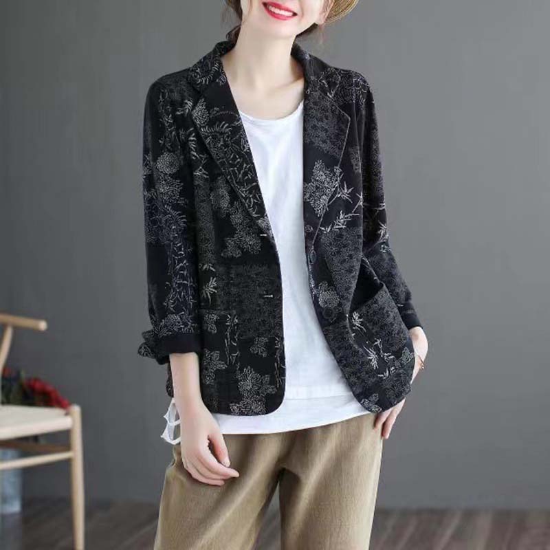 Blazer Imprimé Rétro pour Femmes Veste Courte Fine à Manches Longues Coton Décontracté Ample Manteau Printemps et Automne Commute Version Coréenne Style Harajuku