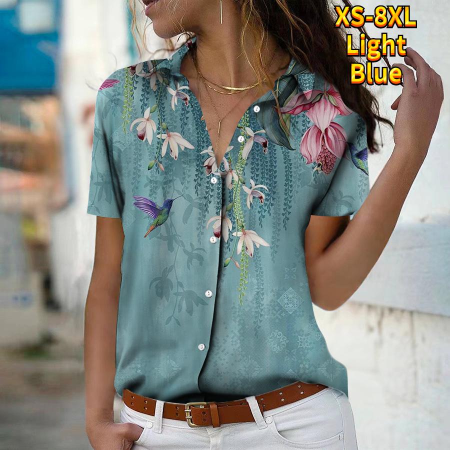 

Лето 2025 Новая Мода Женская Блузка с Коротким Рукавом и V-образным Вырезом на Пуговицах с Цветочным Принтом XS синий