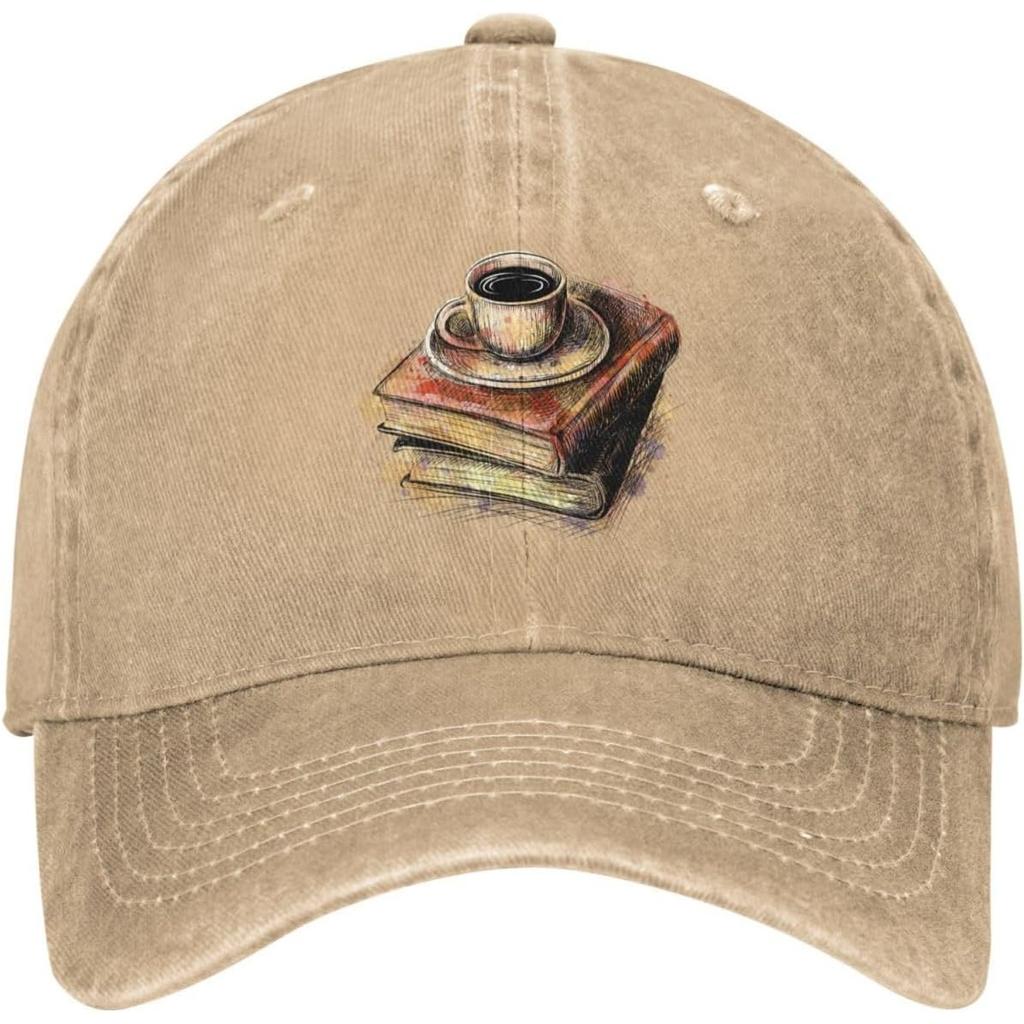 Casquette de Baseball Café et Livres Style Denim Lavé Vintage Casquette Dad Réglable Unisexe Décontractée