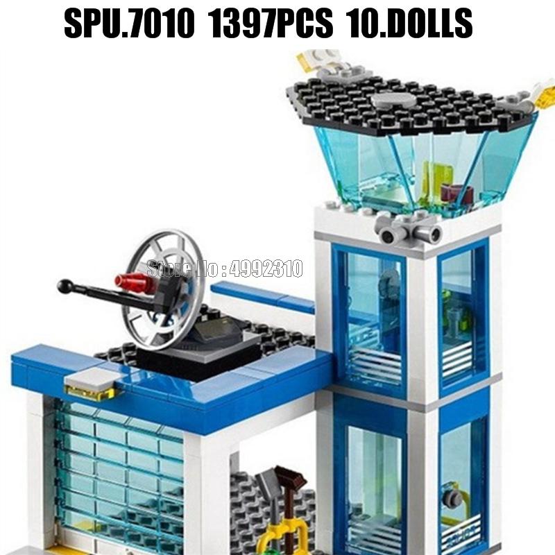 Ql0200 1397 Stück Städtische Polizeistation, Auto, Hubschrauber, Motorrad, 10 Puppen, Waffe, Junge, Baustein-Spielzeug