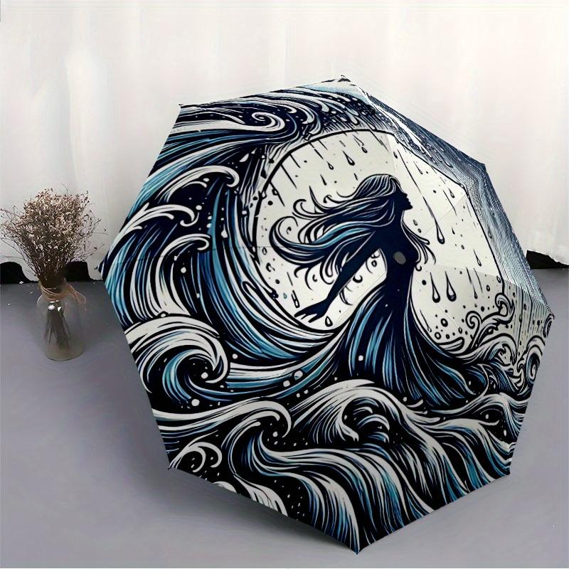 1pc Ocean Waves Auto Open/Close Umbrella, Portable Folding Umbrella for Travel, Themed Events, It is suitable as a gift for various festivals, Outdoor