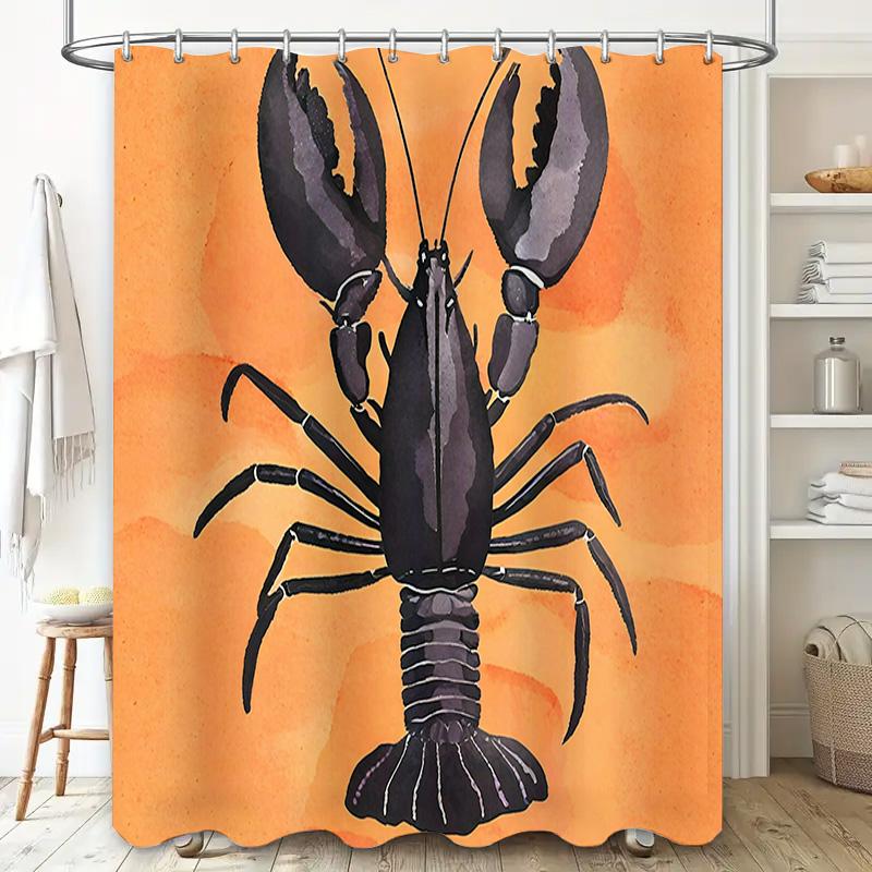 Whimsical Seafood Shower Curtaincrayfish Print Bath Mat Decoration For Bathroom Walls Waterproof Fabric, Orange Color Home Decor