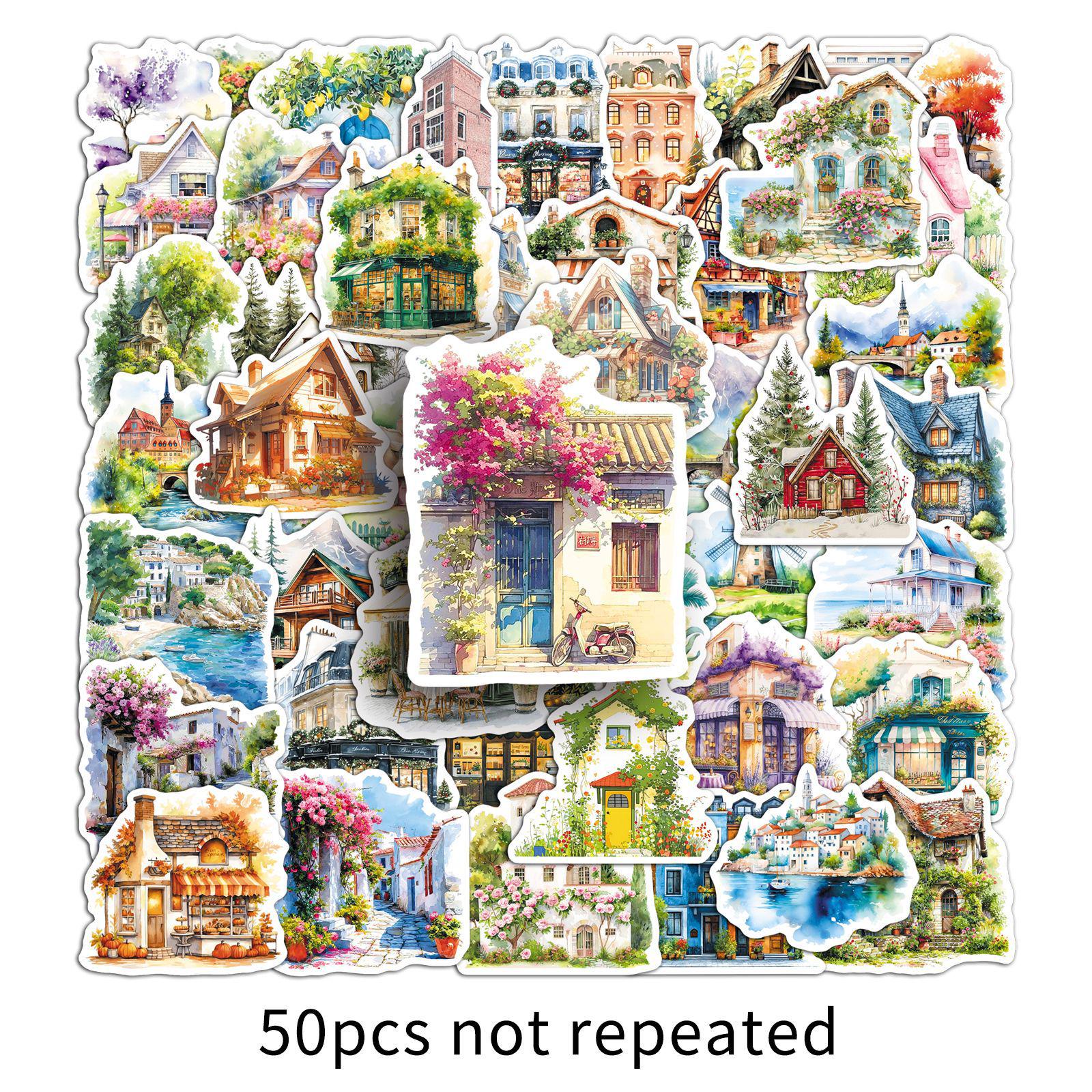 50 Sheets Small Town Scenery Stickers: Fresh Cartoon Houses & Outdoor Waterproof Journal Decorations