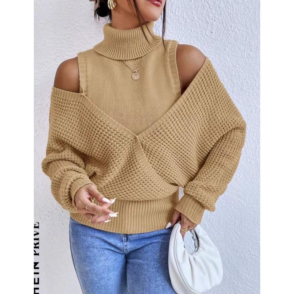 Herbst und Winter Rollkragen Schulterfrei Sanfter Stil, Hochwertiges Unifarben Gestricktes Doppellagen-Design, Langarmpullover für Damen