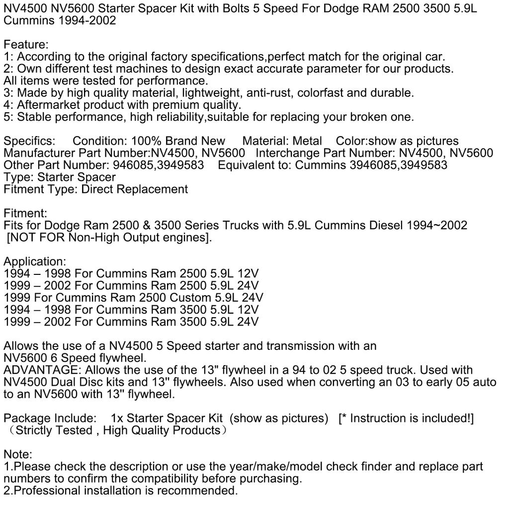 NV4500 NV5600 Starter Spacer Kit with Bolts 5 Speed For Dodge RAM 2500 3500 5.9L Cummins 1994-2002