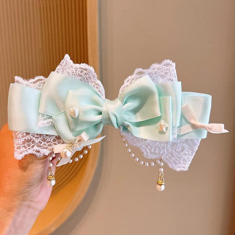 Damen Rosa Lila Blau Grün Lolita Stil Haarspange Schleife Spitze mit Perlenbesatz Handgefertigt Cosplay Kopfschmuck Accessoire