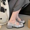 Spring and Summer New Satin Bow Square Head Mary Jane Heels Horseshoe Heel One-word Buckle Single Shoes