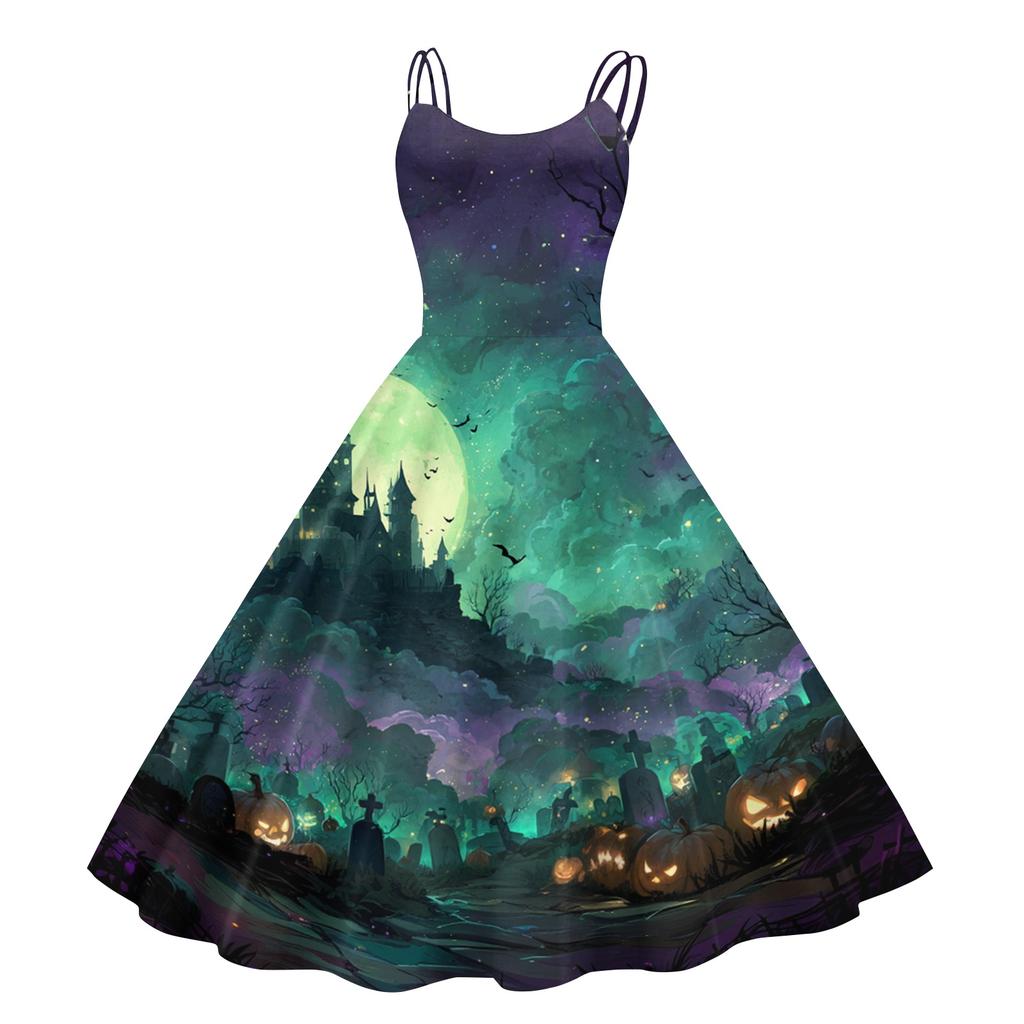 Women's Halloween Print Off Shoulder Vintage Punk Dress Sleeveless Spaghetti Strap Midi Dress with Full Skirt for Costume Party